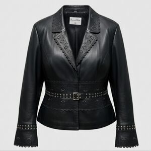 Pam McCoy Large Black Leather Jacket With laser Cut Detail, Studs & Buckles